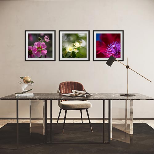 Schreibtisch vor Wand mit 3 quadratischen Rahmen mit Natur-Bildern