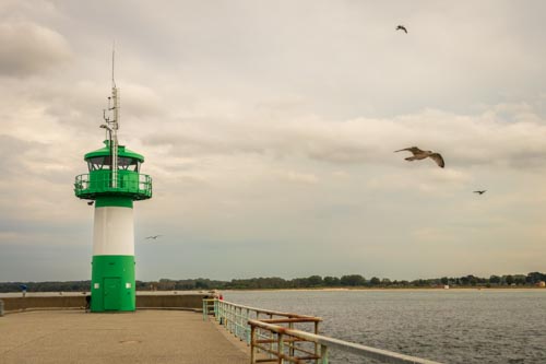 grüner Leuchtturm mit Blick auf Wasser und entferntes Ufer, Möwen fliegen umher