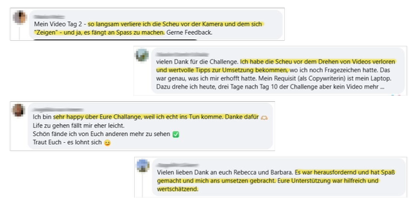 mehrere Screenshots mit Feedback aus der Challenge, Namen und Profil-Bilder sind verwischt, einige Passagen sind gelb hervorgehoben