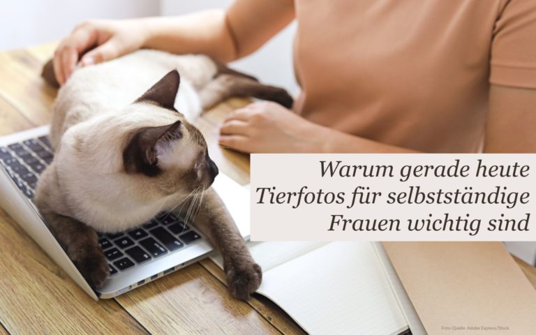 Frau mit Katze, die auf einem Laptop liegt. Der Text lautet "Warum gerade heute Tierfotos für selbstständige Frauen wichtig sind"