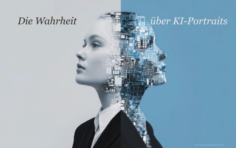 KI-generiertes Bild: Profil von Frau und Roboter verschmelzen auf geteiltem weiß-blauem Hintergrund. Text: Die Wahrheit über KI-Portraits