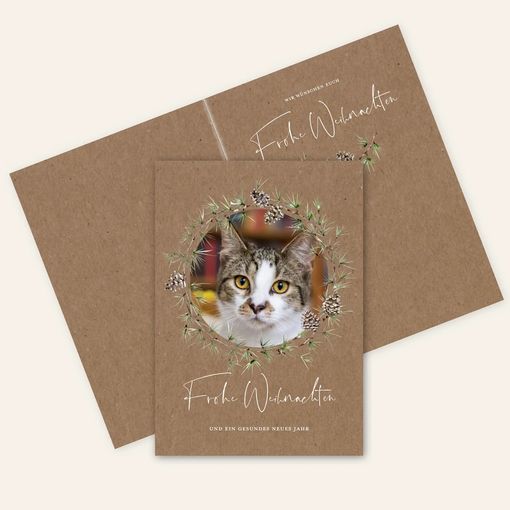 braune Weihnachtskarte mit Foto einer weiß-getigerten Katze
