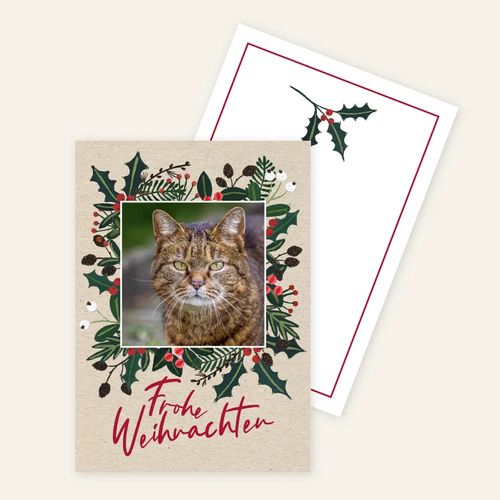 weihnachtliche Postkarte mit Foto einer getigerten Katze