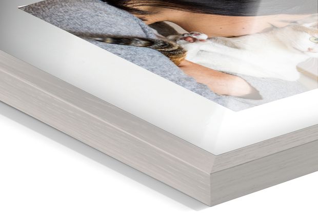 weißer Bilderrahmen aus Holz mit Fotografie einer Frau mit Katze