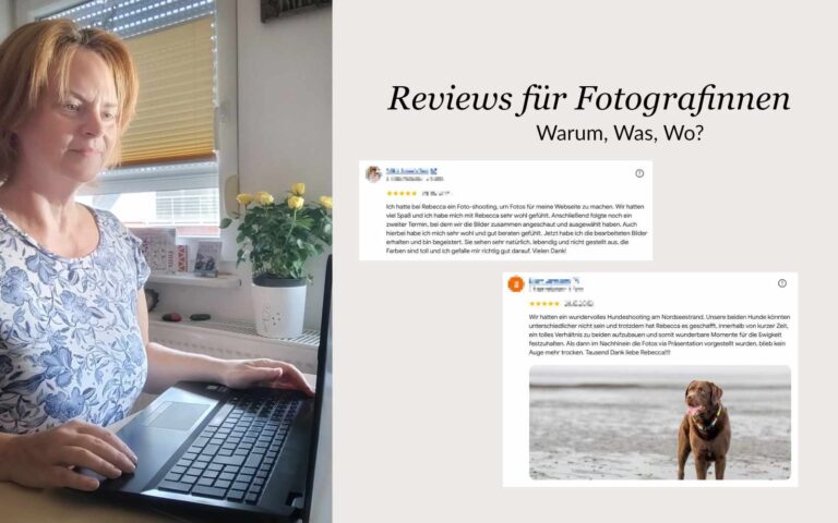 Fotografin Rebecca Lenz sitzt an ihrem Laptop. Neben dem Foto sind Screenshots von Google Reviews zu sehen