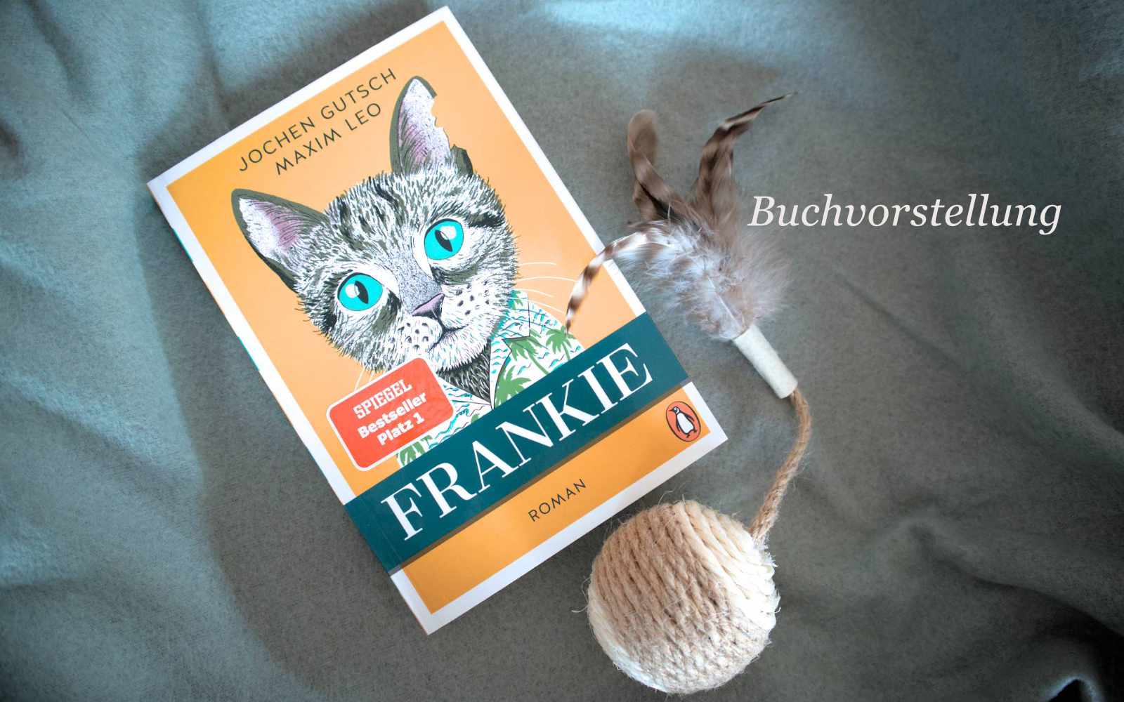 Taschenbuch "Frankie" liegt auf hell-grünem Stoff neben einem Spielball mit Feder. Text = "Buchvorstellung"